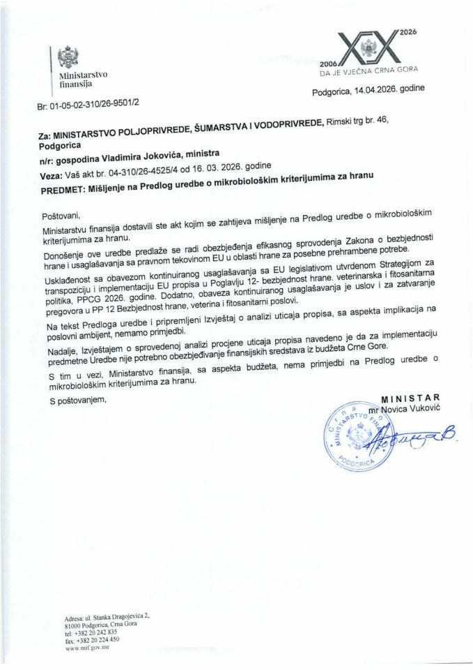Mišljenje na Predlog uredbe o mikrobiolškim kriterijumima za hranu