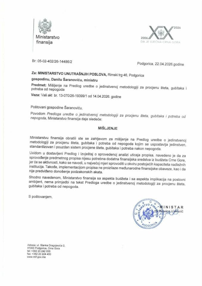 Mišljenje na Predlog uredbe o jedinstvenoj metodologiji za procjenu šteta, gubitaka i potreba od nepogoda