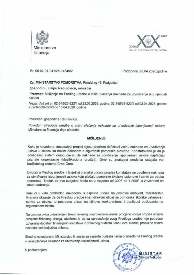 Mišljenje na  Predlog uredbe o visini plaćanja naknade za utvrđivanja usklađenosti uslova