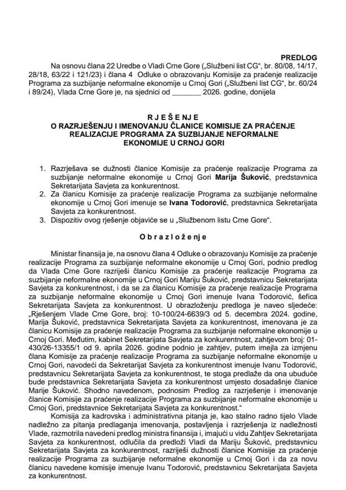Predlog za razrješenje i imenovanje članice Komisije za praćenje realizacije Programa za suzbijanje neformalne ekonomije u Crnoj Gori