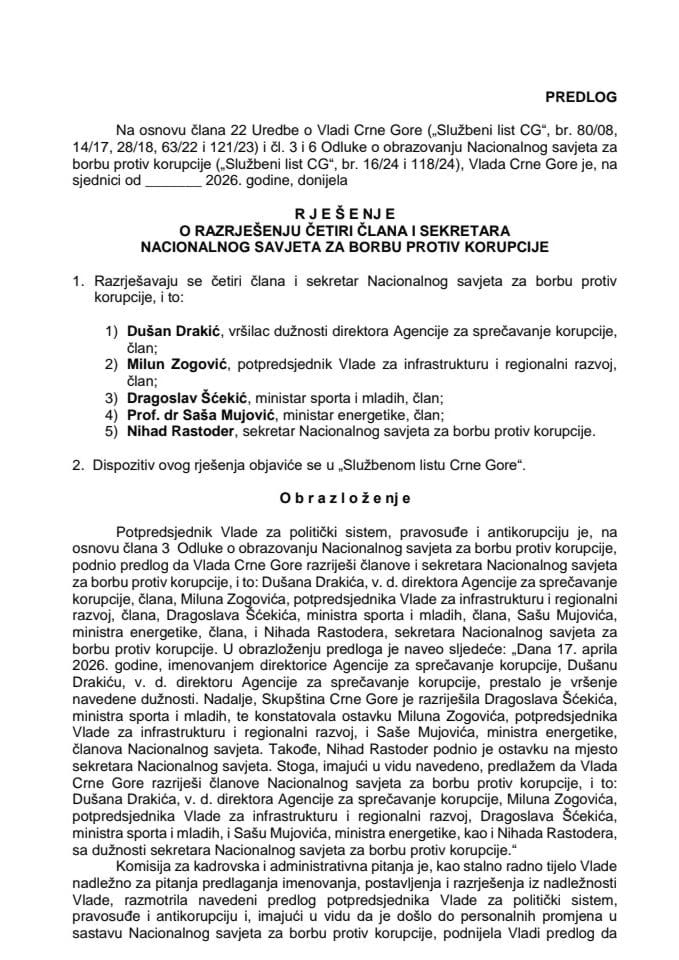 Предлог за разрјешење четири члана и секретара Националног савјета за борбу против корупције