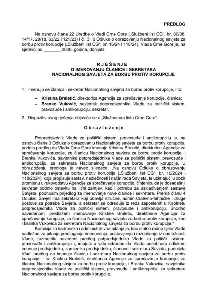 Предлог за именовање чланице и секретара Националног савјета за борбу против корупције