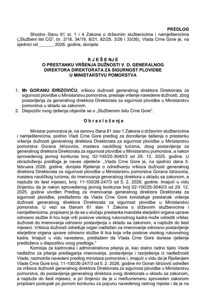 Предлог за престанак вршења дужности в. д. генералног директора Директората за сигурност пловидбе у Министарству поморства