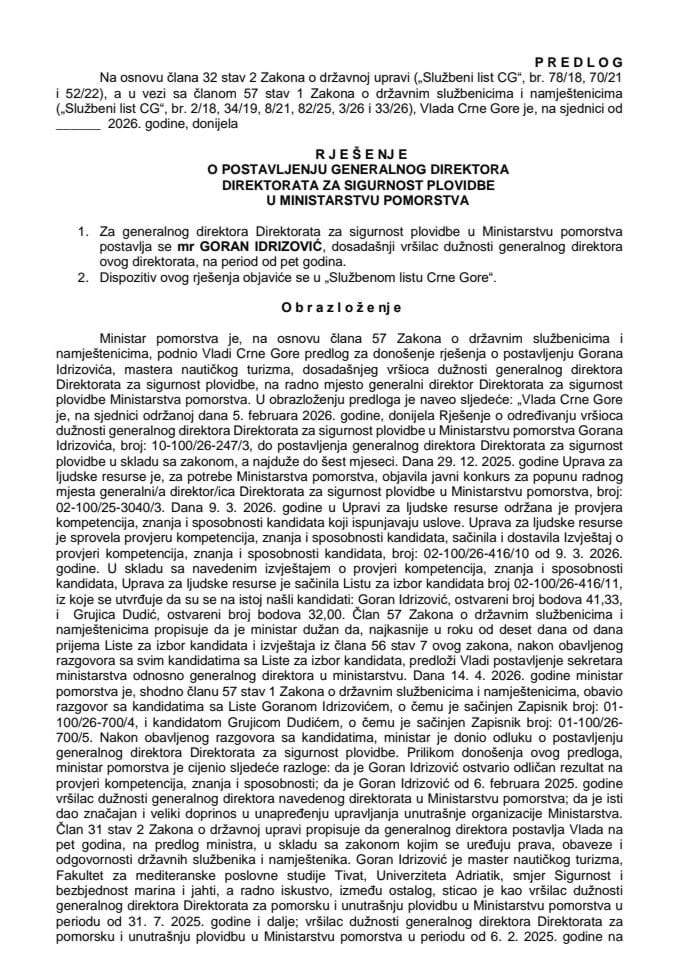 Предлог за постављење генералног директора Директората за сигурност пловидбе у Министарству поморства