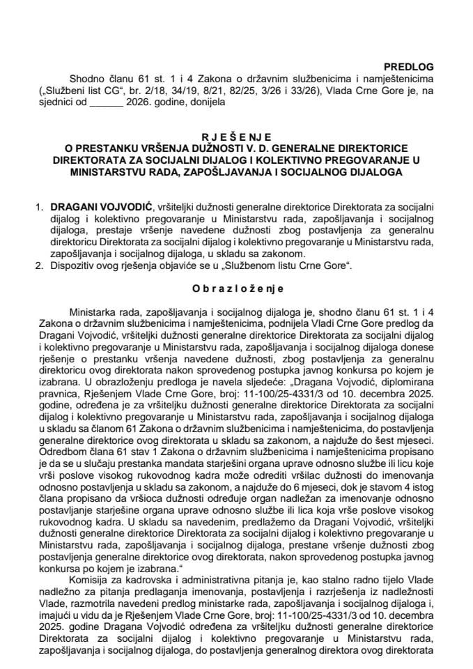 Предлог за престанак вршења дужности в. д. генералне директорице Директората за социјални дијалог и колективно преговарање у Министарству рада, запошљавања и социјалног дијалога