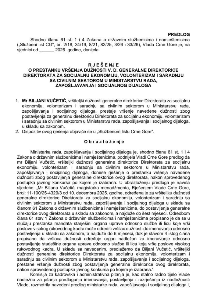 Предлог за престанак вршења дужности в. д. генералне директорице Директората за социјалну економију, волонтеризам и сарадњу са цивилним сектором у Министарству рада, запошљавања и социјалног дијалога