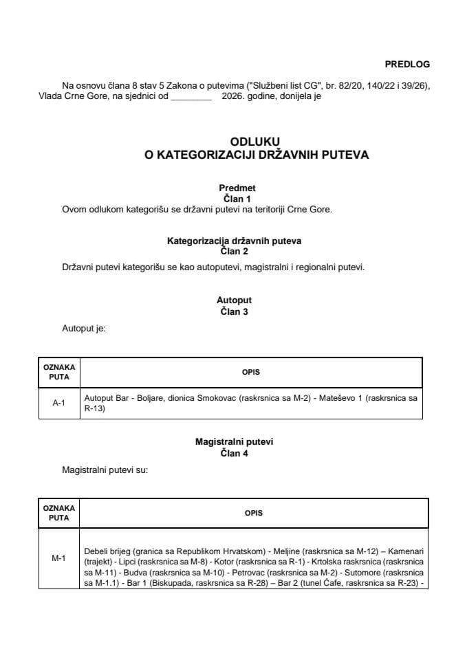 Предлог одлуке о категоризацији државних путева