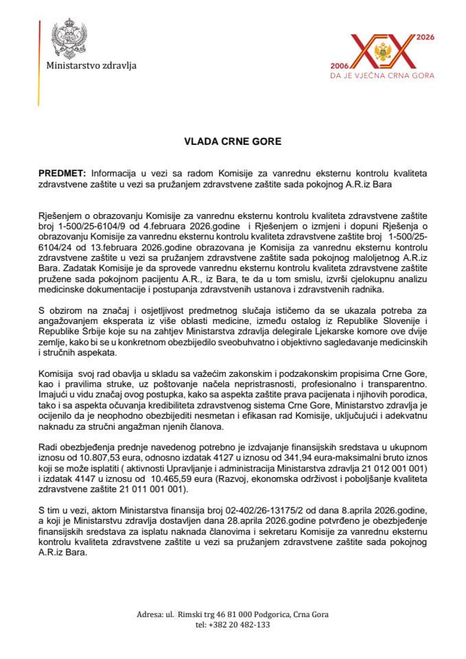 Информација у вези са радом Комисије за ванредну екстерну контролу квалитета здравствене заштите у вези са пружањем здравствене заштите сада покојног А.Р. из Бара