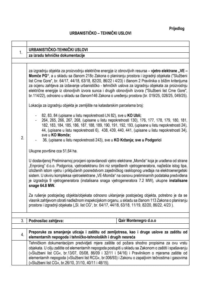 Предлог урбанистичко-техничких услова за израду техничке документације за изградњу објекта за производњу електричне енергије из обновљивих ресурса – вјетро електране „ВЕ – Момче ПГ“, по захтјеву Qair Montenegro д.о.о. из Подгорице