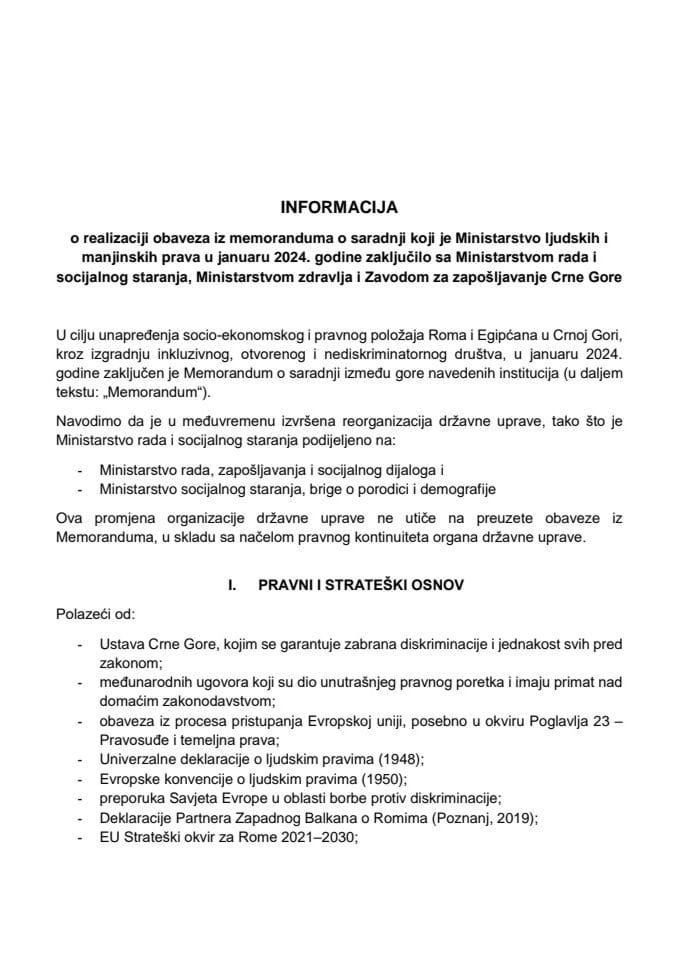 Информација о реализацији обавеза из Меморандума о сарадњи који је Министарство људских и мањинских права у јануару 2024. године закључило са Министарством рада и социјалног старања, Министарством здравља и Заводом за запошљавање Црне Горе