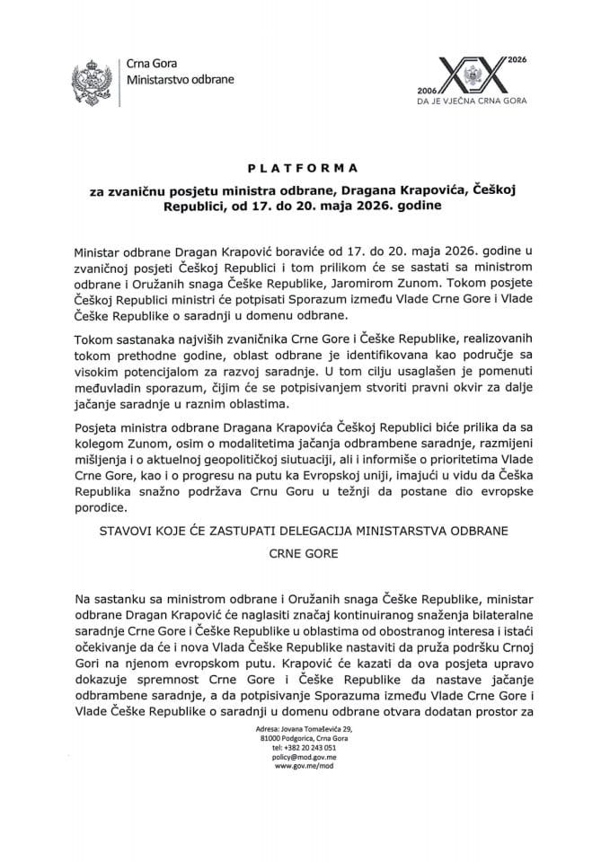 Предлог платформе за званичну посјету министра одбране Драгана Краповића Чешкој Републици, од 17. до 20. маја 2026. године