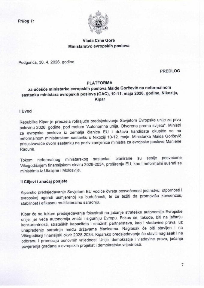 Предлог платформе за учешће министарке европских послова Маиде Горчевић на неформалном састанку министара европских послова (GAC, 10-11. маја 2026. године, Никозија, Кипар