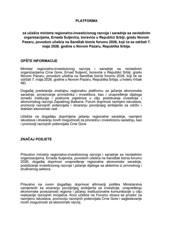 Предлог платформе за учешће Ернада Суљевића, министра регионално-инвестиционог развоја и сарадње са невладиним организацијама, на Санџак бизнис форуму 2026, 7. маја 2026. године, Нови Пазар, Република Србија