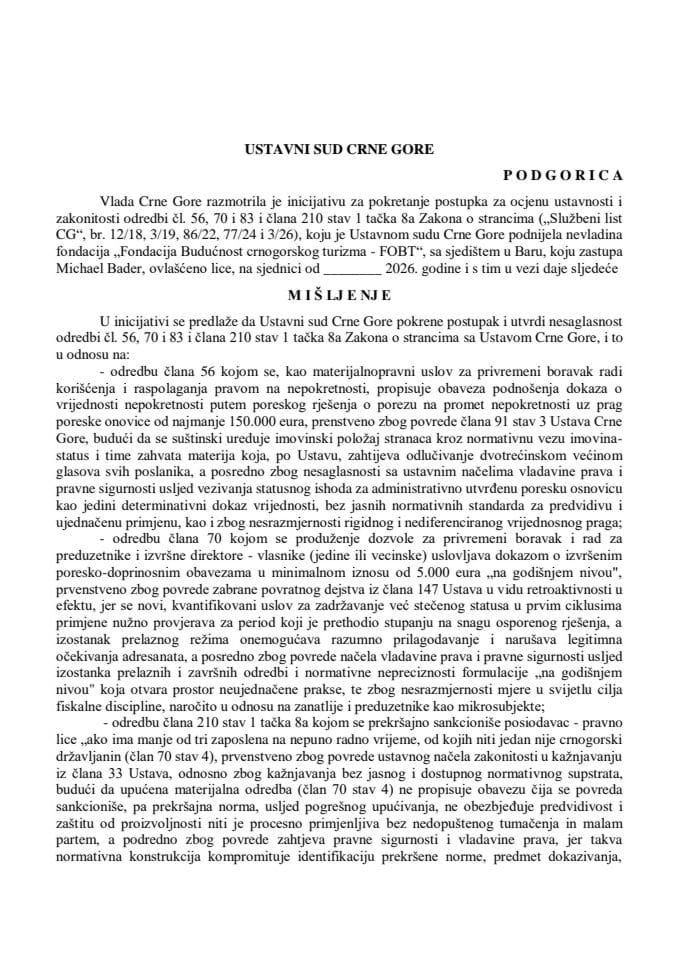 Предлог мишљења на Иницијативу за покретање поступка за оцјену уставности и законитости одредби чл. 56, 70 и 83 и члана 210 став 1 тачка 8а Закона о странцима, коју је поднијела невладина фондација „Фондација Будућност црногорског туризма - FOBT“