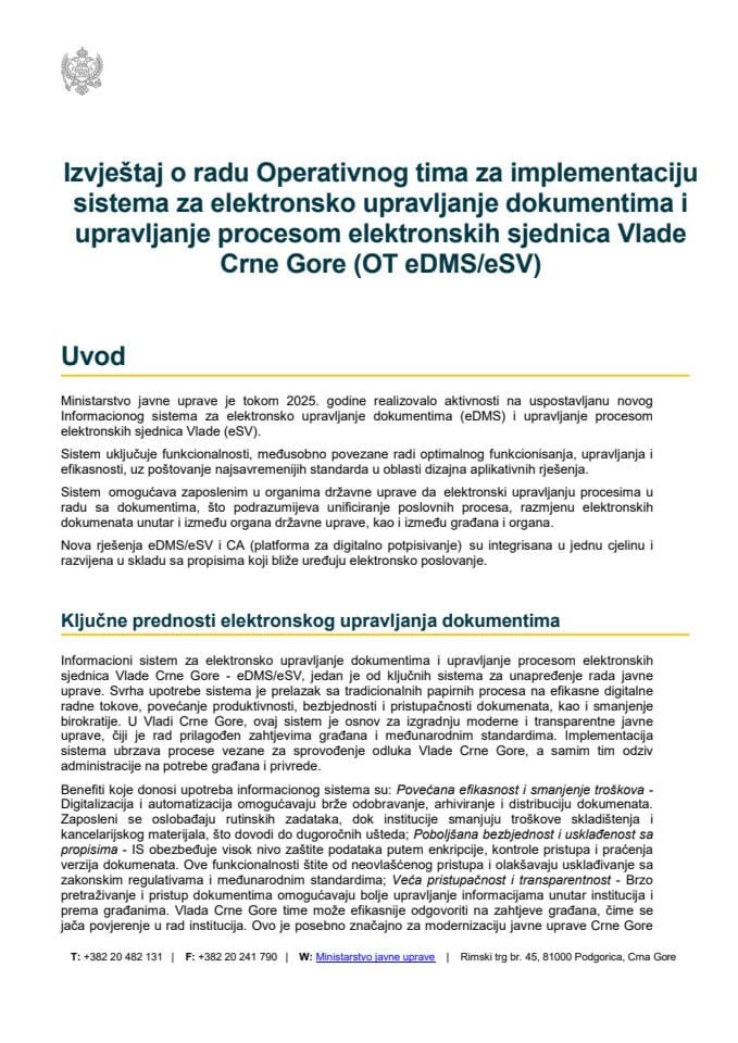 Извјештај о раду Оперативног тима за имплементацију система за електронско управљање документима и управљање процесом електронских сједница Владе Црне Горе (OT eDMS/eSV)