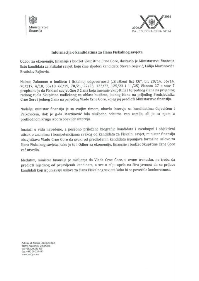 Информација о кандидатима за члана Фискалног савјета