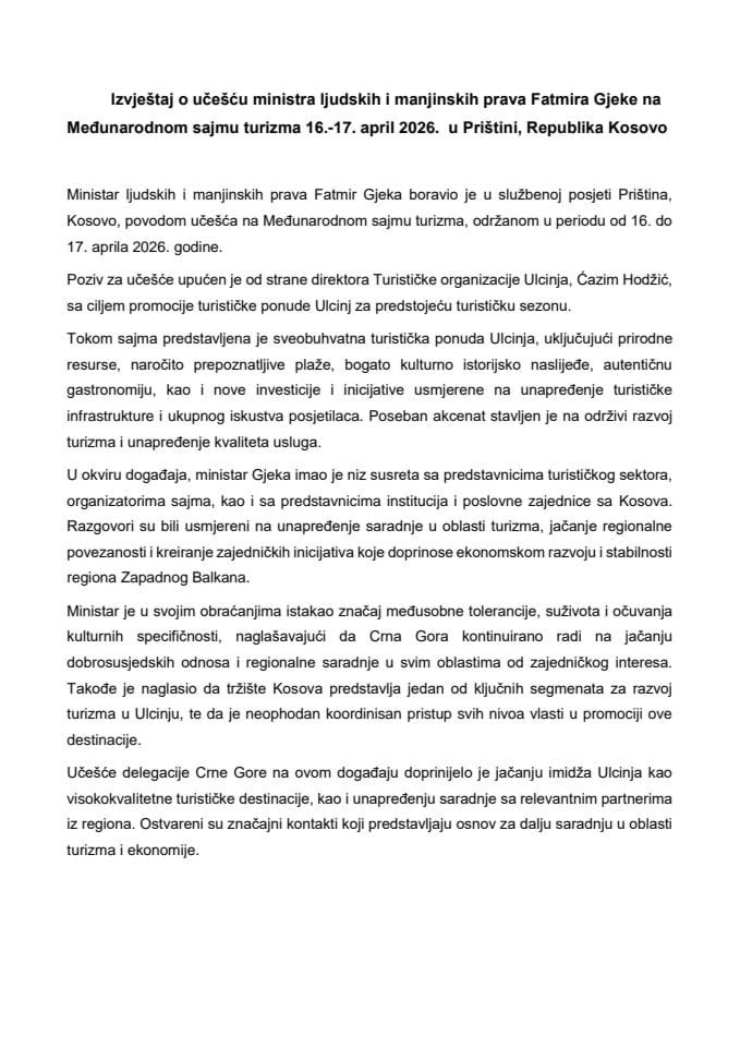 Извјештај о учешћу министра људских и мањинских права Fatmira Gjeke на Међународном сајму туризма, 16-17. април 2026. године, у Приштини, Република Косово
