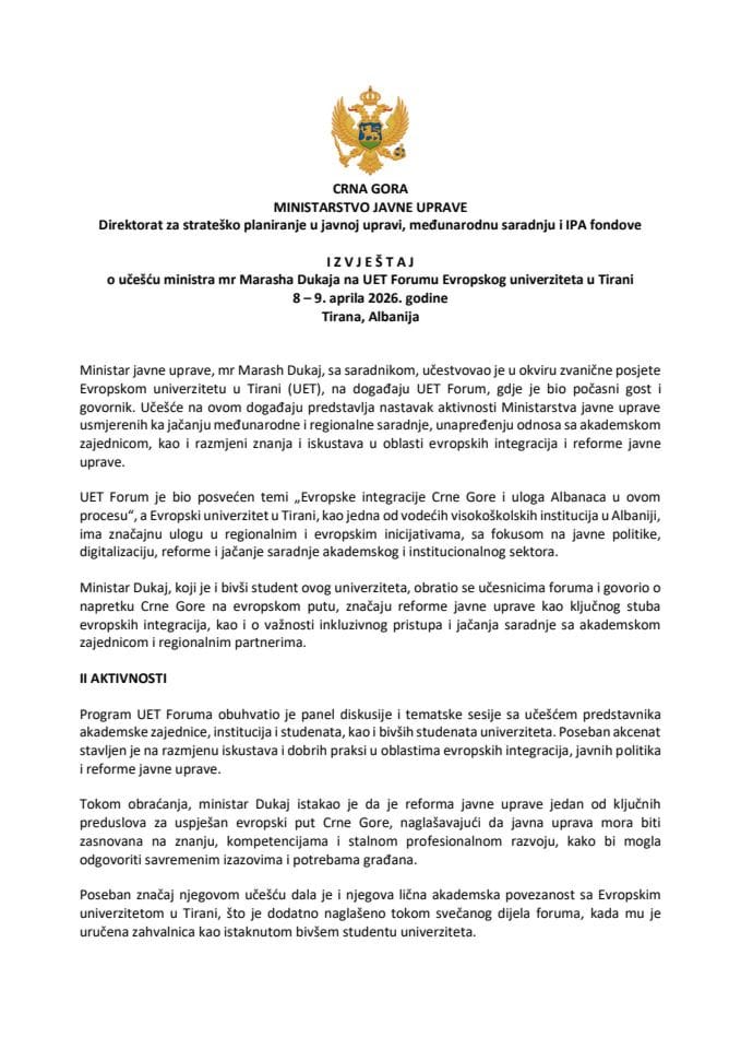 Извјештај о учешћу министра мр Marasha Dukaja на UET Форуму Европског универзитета у Тирани, 8 – 9. априла 2026. године, Тирана, Албанија