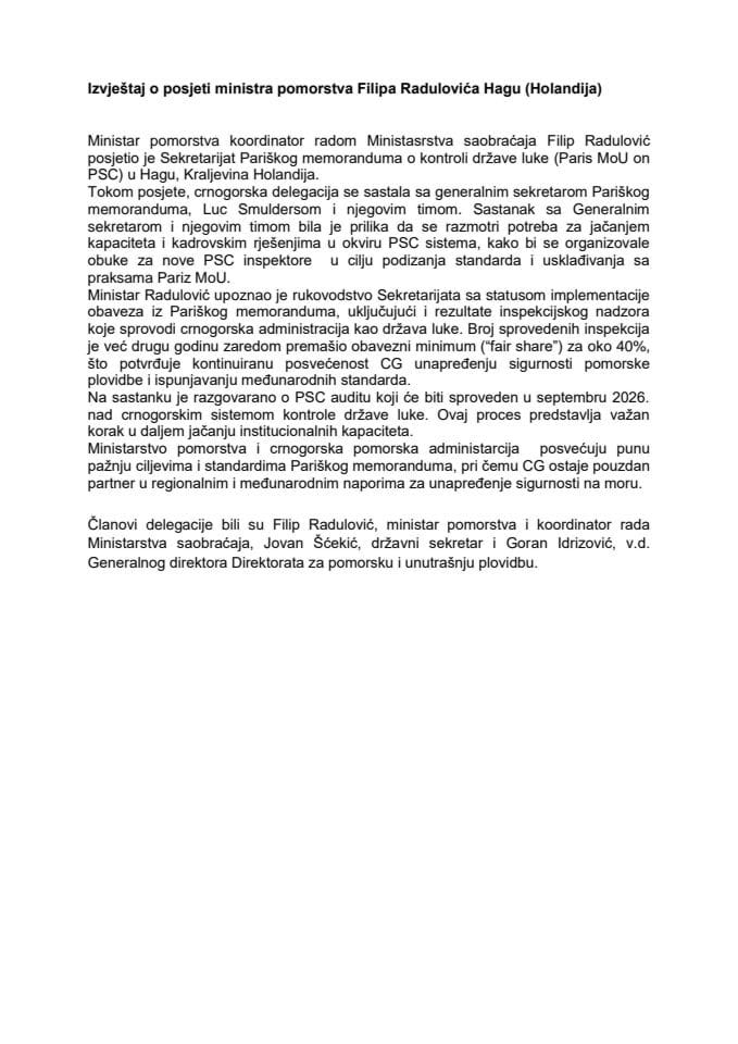Извјештај о посјети министра поморства Филипа Радуловића Хагу (Холандија)