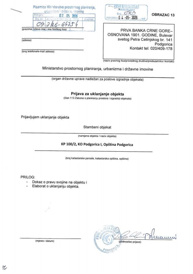 Prijava za uklanjanje objekta - 09-7-26-6475-1 PRVA BANKA CG