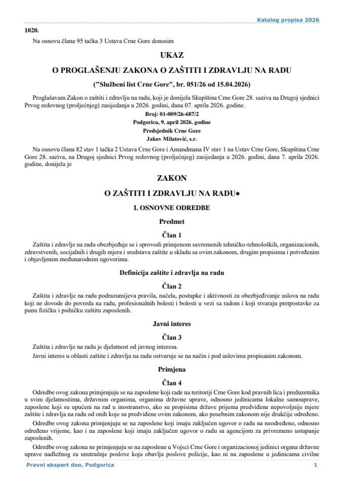 Zakon o zastiti i zdravlju na radu br. 05126 od 15.04.2026