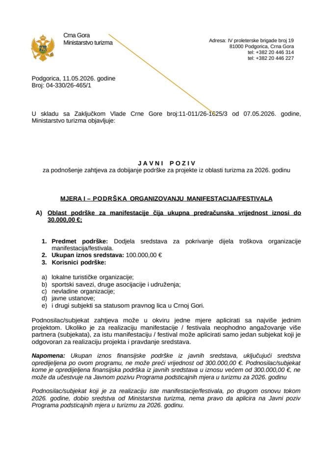 Javni poziv za podnošenje zahtjeva za dobijanje podrške za projekte iz oblasti turizma za 2026. godinu - Mjera I A