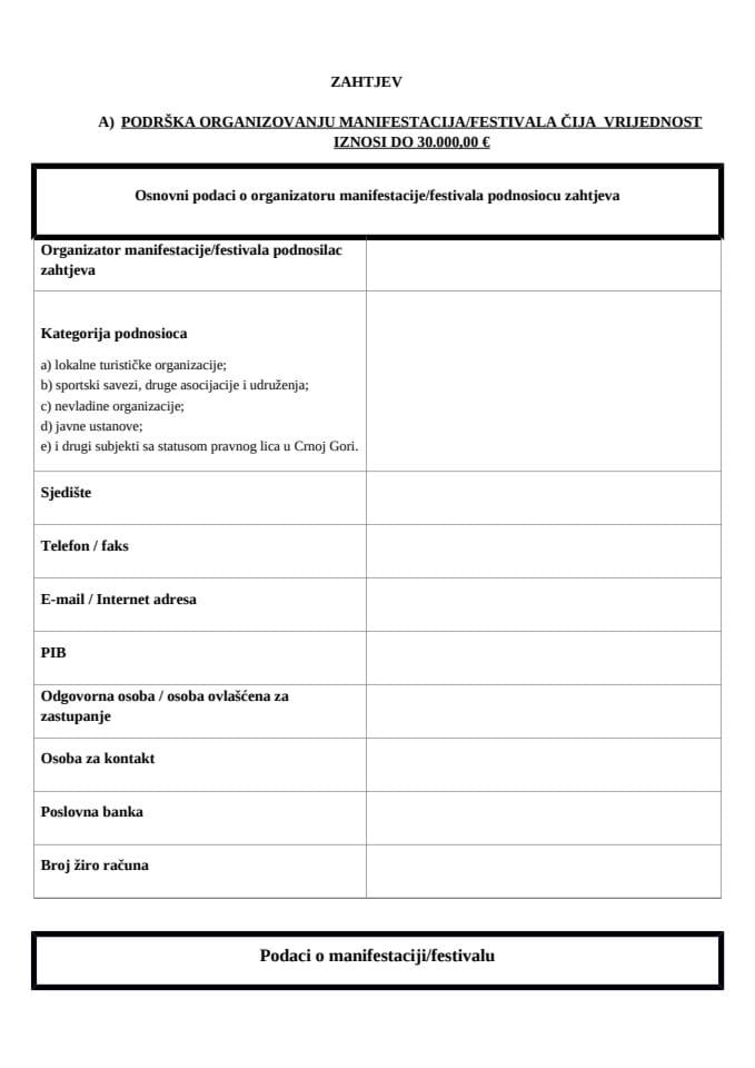 Obrazac zahtjeva - Javni poziv za podnošenje zahtjeva za dobijanje podrške za projekte iz oblasti turizma za 2026. godinu - MJERA I A