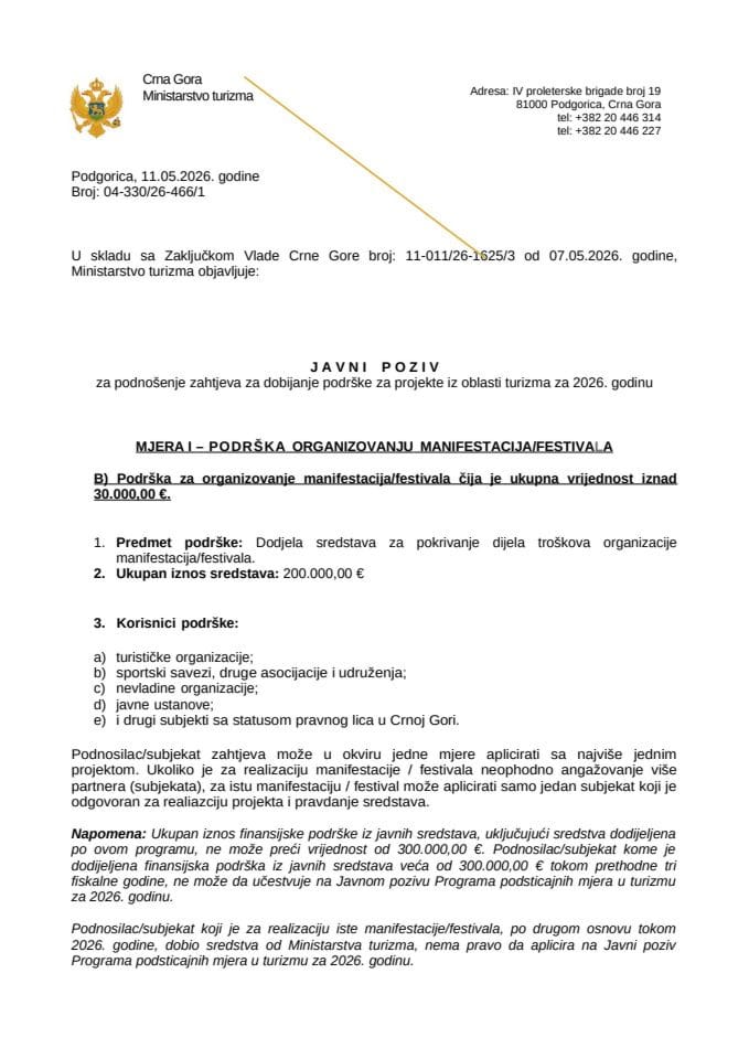 Javni poziv za podnošenje zahtjeva za dobijanje podrške za projekte iz oblasti turizma za 2026. godinu – Mjera I B