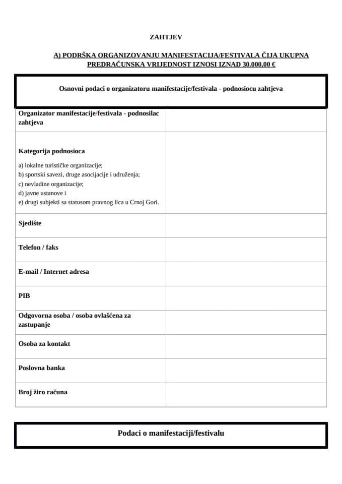 Obrazac zahtjeva - Javni poziv za podnošenje zahtjeva za dobijanje podrške za projekte iz oblasti turizma za 2026. godinu – Mjera I B