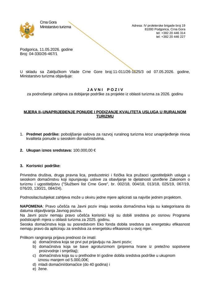 Obrazac zahtjeva - Javni poziv za podnošenje zahtjeva za dobijanje podrške za projekte iz oblasti turizma za 2026. godinu – Mjera II
