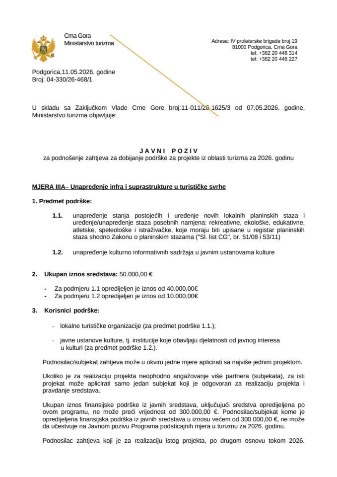Javni poziv za podnošenje zahtjeva za dobijanje podrške za projekte iz oblasti turizma za 2026. godinu – Mjera III A