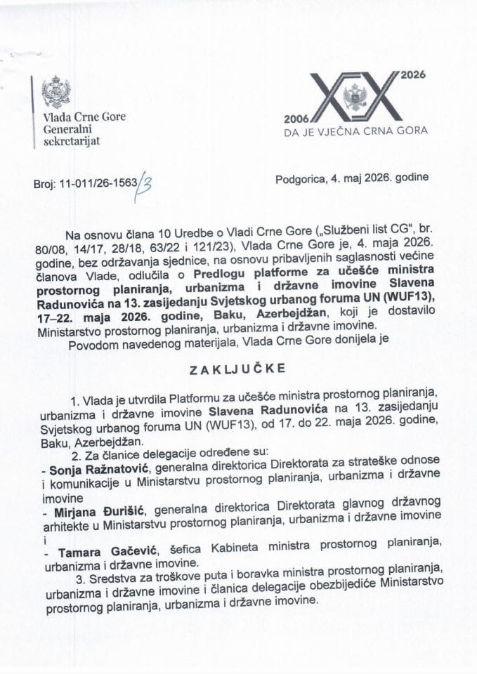 Predlog platforme za učešće ministra prostornog planiranja, urbanizma i državne imovine, Slavena Radunovića, na 13. zasijedanju Svjetskog urbanog foruma UN (WUF13), 17-22. maj 2026. godine, Baku, Azerbejdžan - zaključci