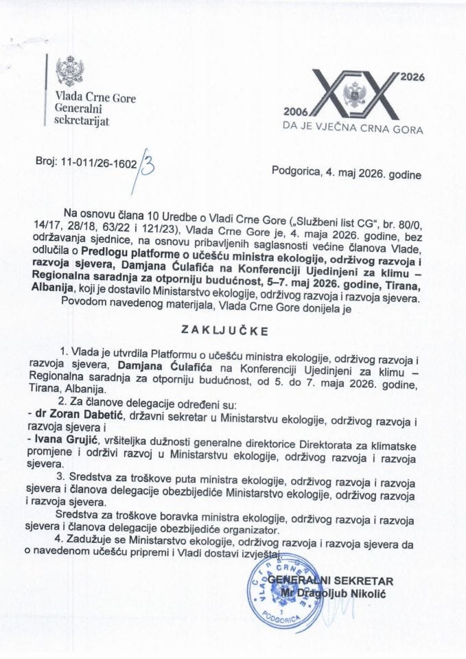 Predlog platforme o učešću ministra ekologije, održivog razvoja i razvoja sjevera, Damjana Ćulafića na Konferenciji Ujedinjeni za klimu - Regionalna saradnja za otporniju budućnost, 5-7. maj 2026. godine, Tirana, Albanija - zaključci