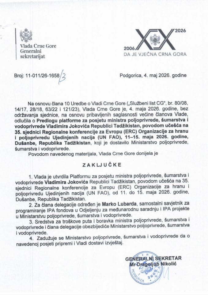 Predlog platforme za posjetu ministra poljoprivrede, šumarstva i vodoprivrede Vladimira Jokovića Republici Tadžikistan, povodom učešća na 35. sjednici Regionalne konferencije za Evropu (ERC) Organizacije za hranu i poljoprivredu UN - zaključci
