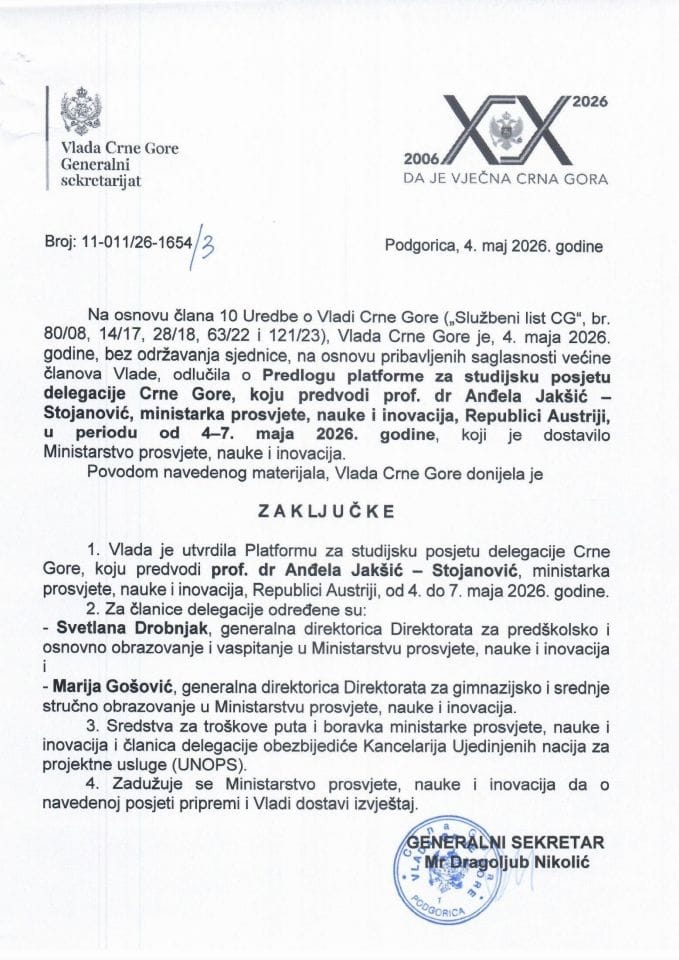 Predlog platforme za studijsku posjetu delegacije Crne Gore, koju predvodi prof. dr Anđela Jakšić - Stojanović, ministarka prosvjete, nauke i inovacija, Republici Austriji, u periodu od 4 - 7. maja 2026. godine - zaključci