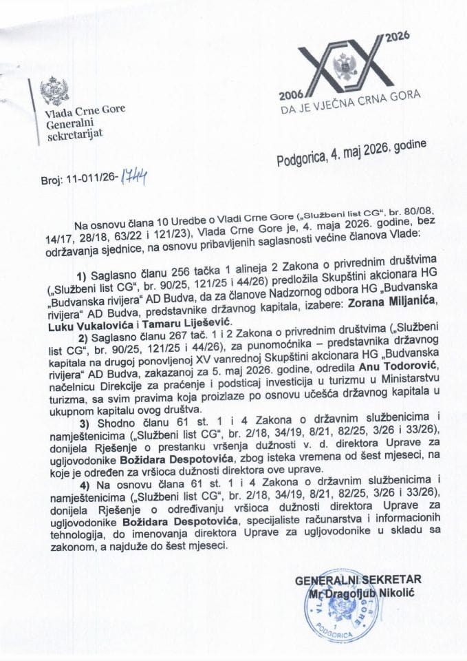 Kadrovska pitanja - telefonska sjednica Vlade od 4. maja 2026. godine - zaključci