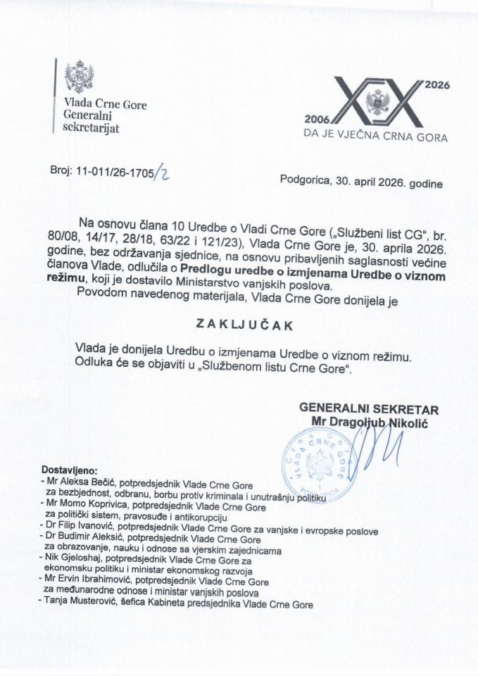 Predlog uredbe o izmjenama Uredbe o viznom režimu - zaključci