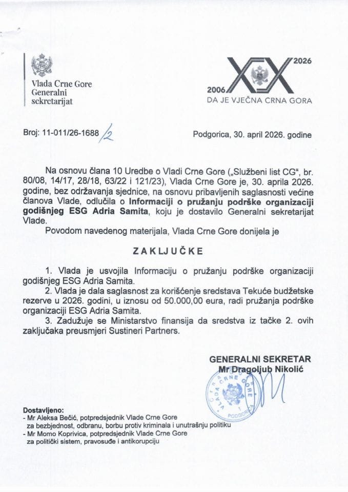 Informacija o pružanju podrške organizaciji godišnjeg ESG Adria Samita - zaključci