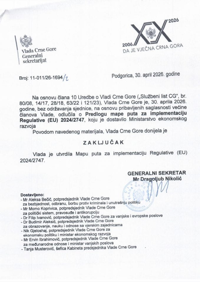 Predlog mape puta za implementaciju Regulative (EU) 2024/2747 - zaključci