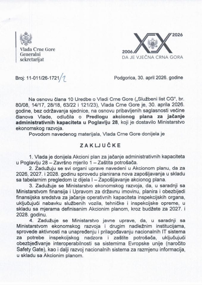 Predlog akcionog plana za jačanje administrativnih kapaciteta u Poglavlju 28 Završno mjerilo 1 – Zaštita potrošača - zaključci