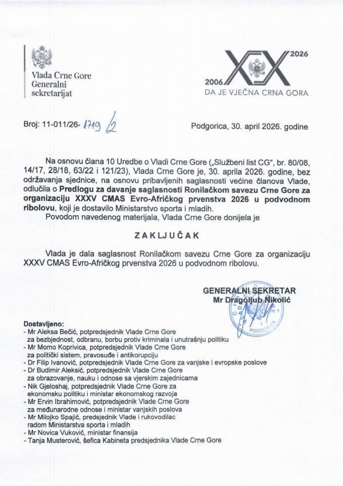 Predlog za davanje saglasnosti Ronilačkom savezu Crne Gore za organizaciju XXXV CMAS Evro-afričkog prvenstva 2026 u podvodnom ribolovu - zaključci