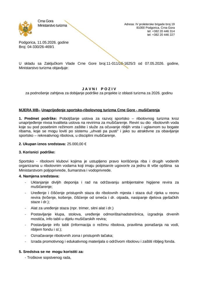 Javni poziv za podnošenje zahtjeva za dobijanje podrške za projekte iz oblasti turizma za 2026. godinu – Mjera III B