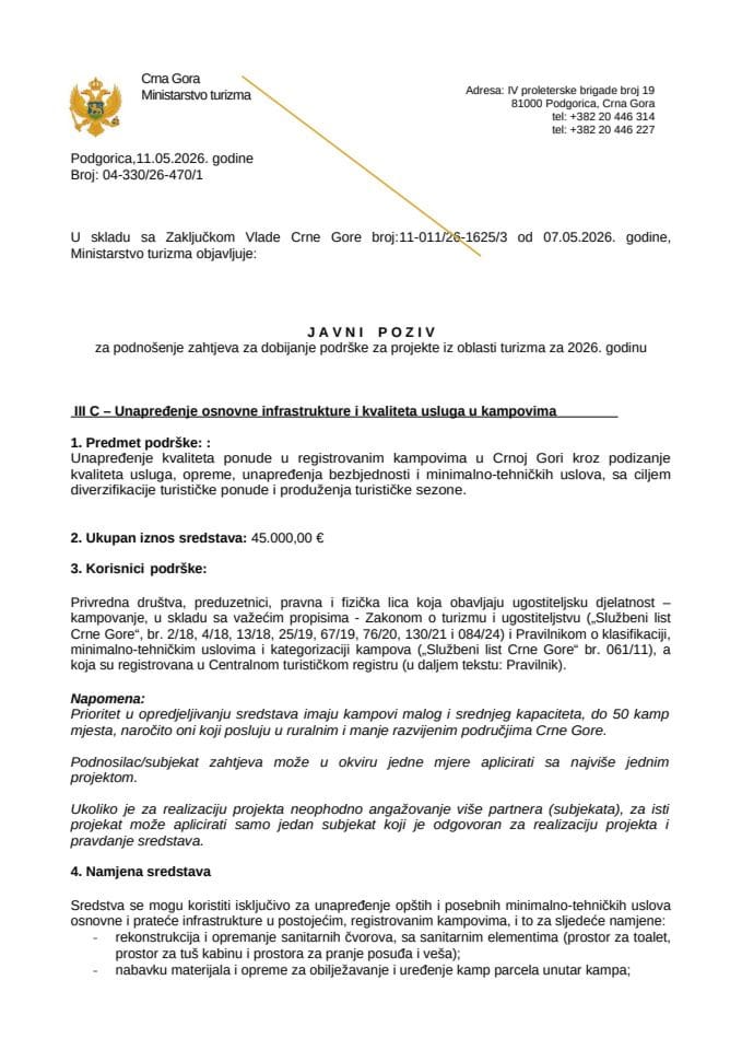 Javni poziv za podnošenje zahtjeva za dobijanje podrške za projekte iz oblasti turizma za 2026. godinu – Mjera III C