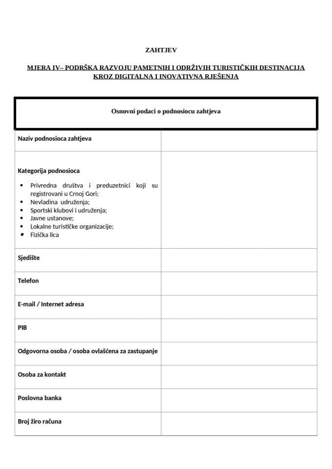 Obrazac zahtjeva - Javni poziv za podnošenje zahtjeva za dobijanje podrške za projekte iz oblasti turizma za 2026. godinu – Mjera IV