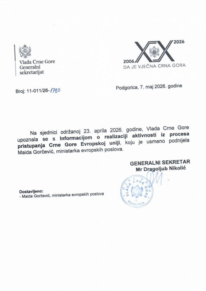 Usmena informacija o realizaciji aktivnosti iz procesa pristupanja Crne Gore Evropskoj uniji - zaključci