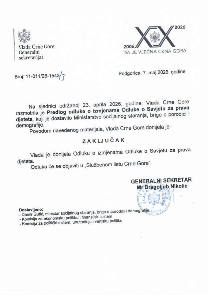 Predlog odluke o izmjenama Odluke o Savjetu za prava djeteta - zaključci