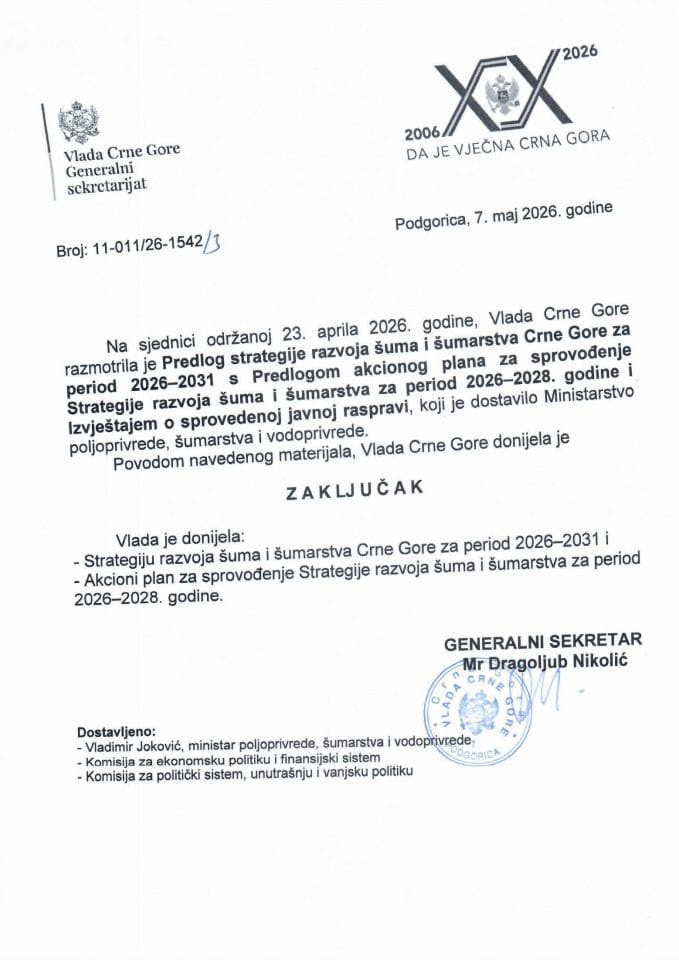Predlog strategije razvoja šuma i šumarstva Crne Gore za period 2026-2031. s Predlogom akcionog plana za sprovođenje Strategije razvoja šuma i šumarstva za period 2026-2028. godine i Izvještaj o sprovedenoj javnoj raspravi - zaključci