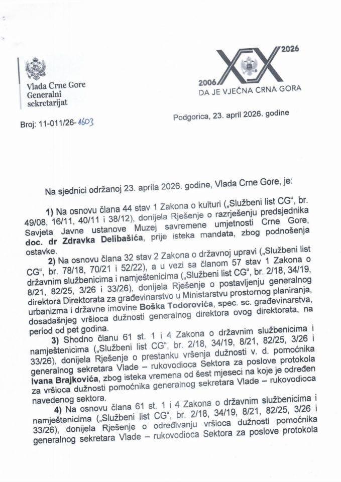 Kadrovska pitanja - 124. sjednica Vlade Crne Gore - zaključci