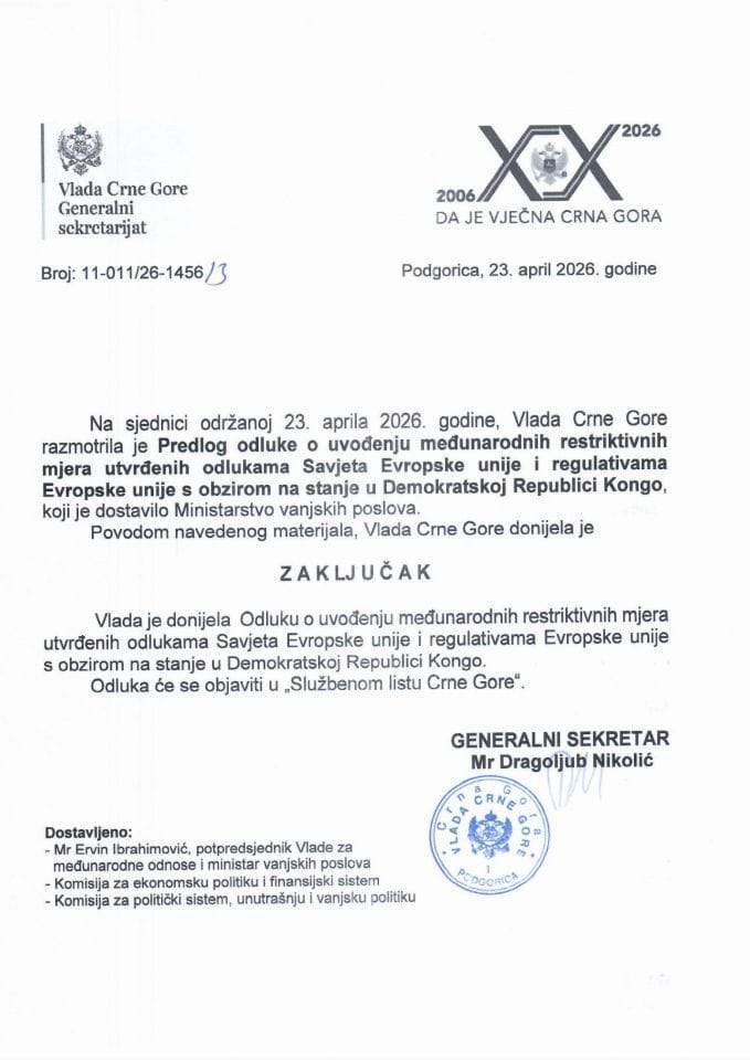 Predlog odluke o uvođenju međunarodnih restriktivnih mjera utvrđenih odlukama Savjeta Evropske unije i regulativama Evropske unije s obzirom na stanje u Demokratskoj Republici Kongo (bez rasprave) - zaključci