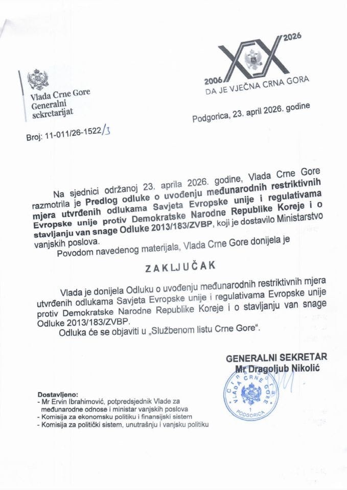 Predlog odluke o uvođenju međunarodnih restriktivnih mjera utvrđenih odlukama Savjeta Evropske unije i regulativama Evropske unije protiv Demokratske Narodne Republike Koreje i o stavljanju van snage Odluke 2013/183/ZVBP - zaključci